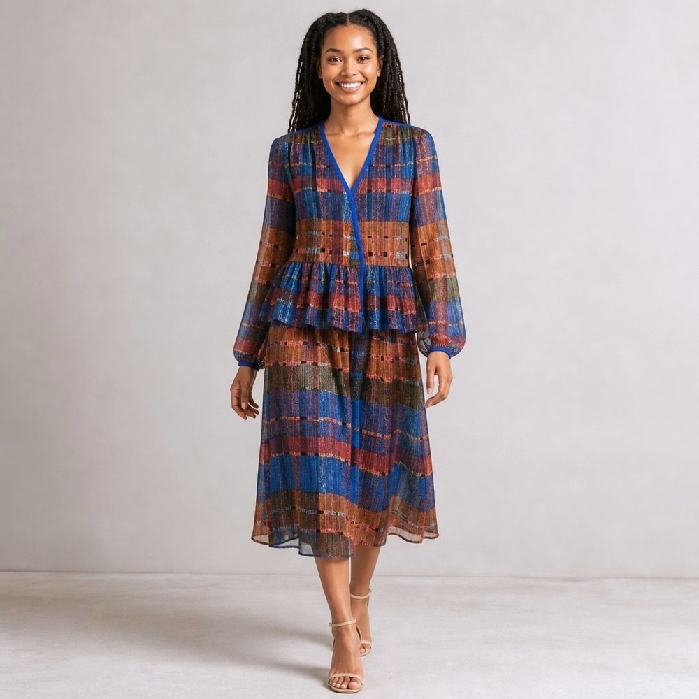 Gloria Vanderbilt Vintage 80s Metallic Plaid Peplum Top and Skirt Set Blue 14